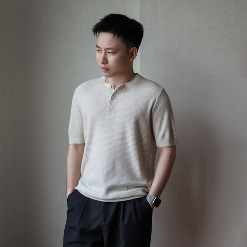 老钱风亚麻莱赛尔亨利领短袖T恤男夏季凉感针织衫极简风复古T恤