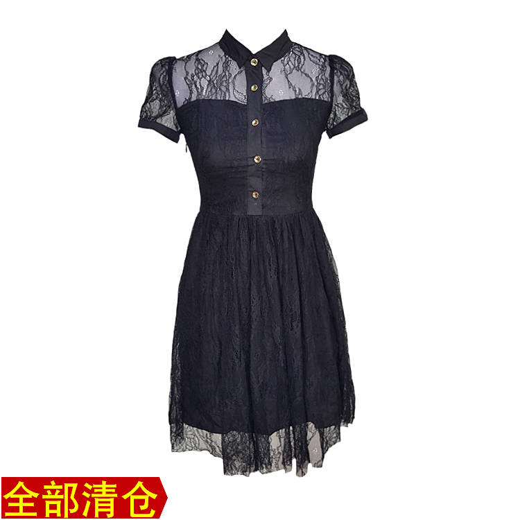 品牌折扣撤柜蕾丝连衣裙 夏季短修身大摆裙 甜美显瘦短裙立领