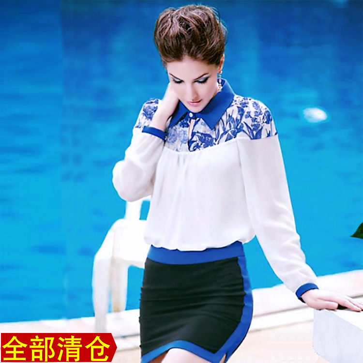 品牌折扣撤柜尤加迪曼女春雪纺衫长袖宽松印花衬衫套头打底衫