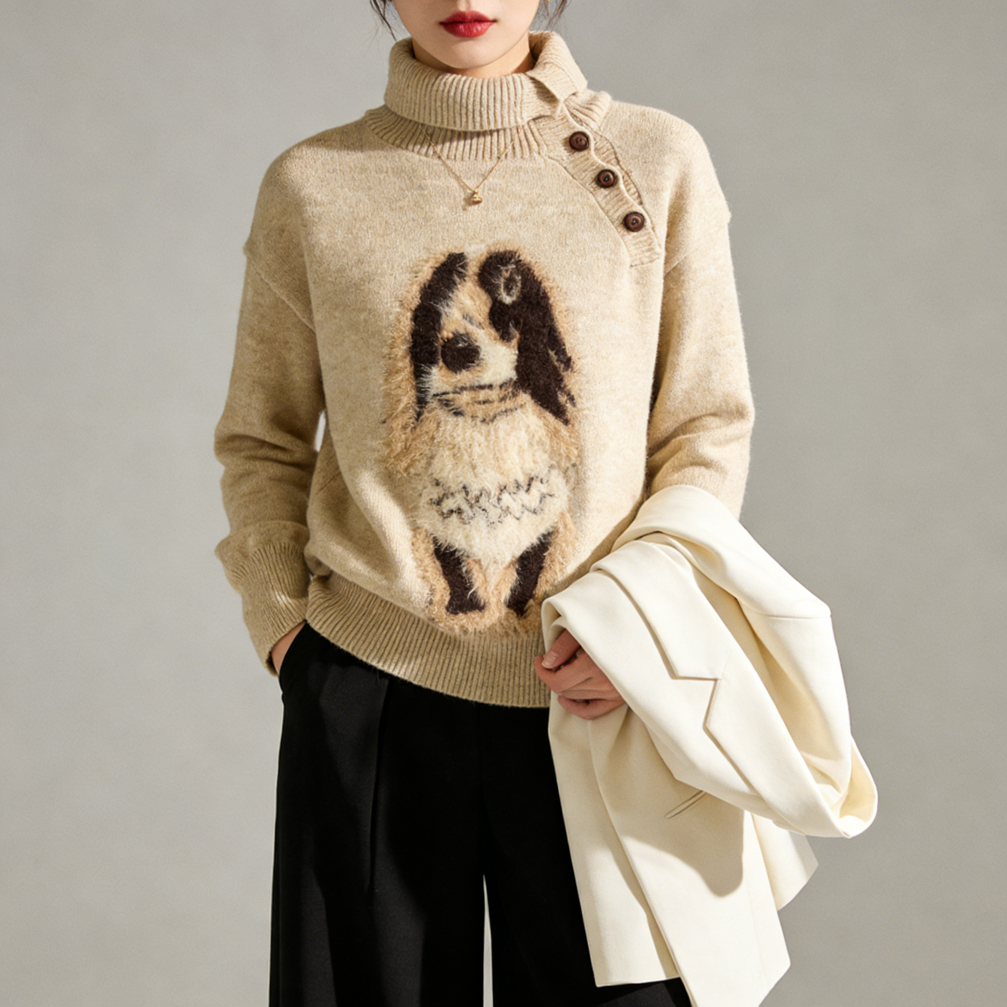 /慵懒风卡通小狗高领针织衫女2026春秋新款长袖纽扣装饰显瘦毛衣,女装/女士精品,毛衣,淘宝优惠券,粉丝福利购,淘宝优惠卷