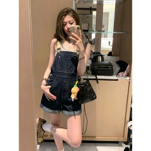 美式复古牛仔背带裤女夏薄款小个子宽松显瘦减龄学生高腰连体短裤