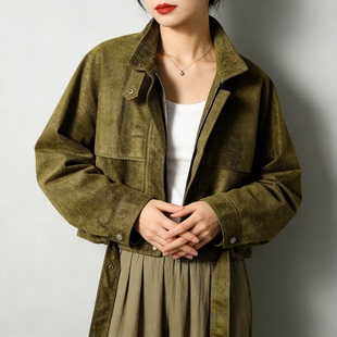 美式复古苔原绿麂皮绒外套女2026春秋工装短款鹿皮绒开衫宽松上衣