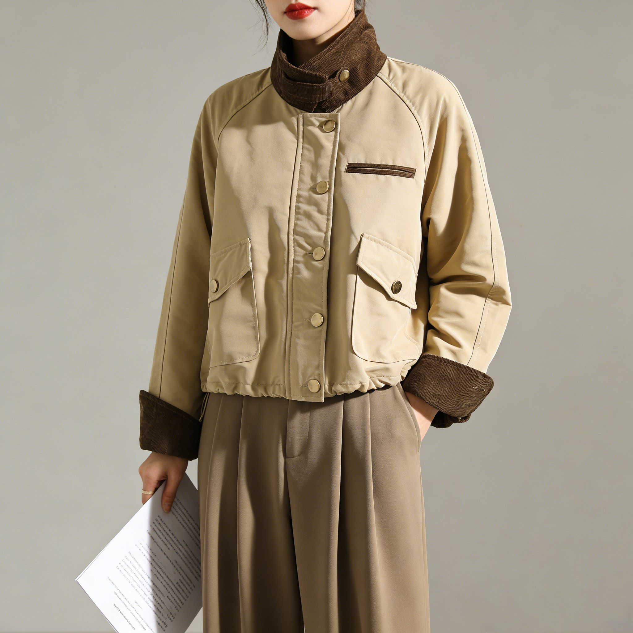 美拉德风撞色拼接短工装外套女春季新款立领夹克保暖宽松上衣,女装/女士精品,短外套,淘宝优惠券,粉丝福利购,淘宝优惠卷