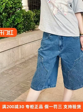 国内现货MLB男士25年新款复古老花水洗宽松休闲牛仔短裤3LDPM0253