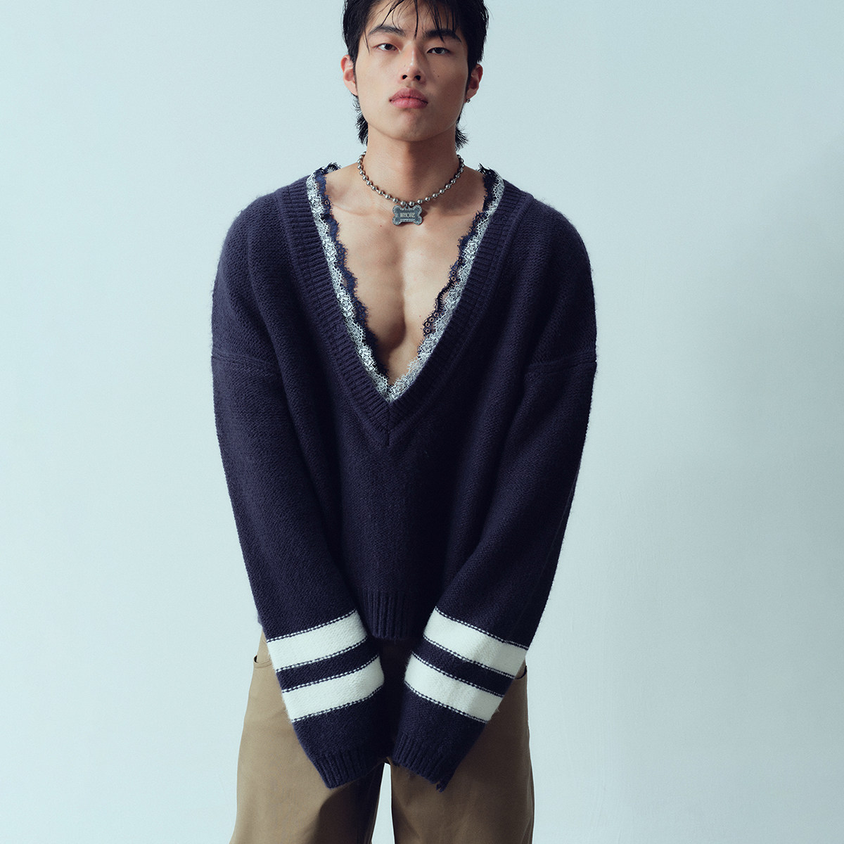 KADAKADA原创设计深v蕾丝领性感破洞重磅廓形水手蓝白条羊毛衣,男装,针织衫/毛衣,淘宝优惠券,粉丝福利购,淘宝优惠卷