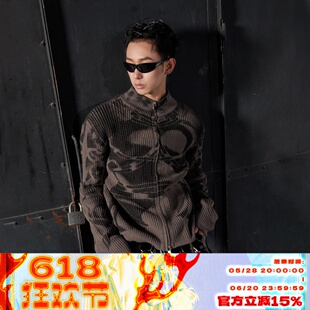 KADAKADA先锋原创视觉错乱复古拉链宽松圆桌武士印花盔甲开衫毛衣