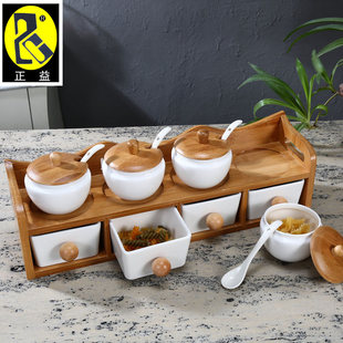 调料盒盐罐子新 销双层竹木架子陶瓷调味罐八件套装 玻璃调味罐套装