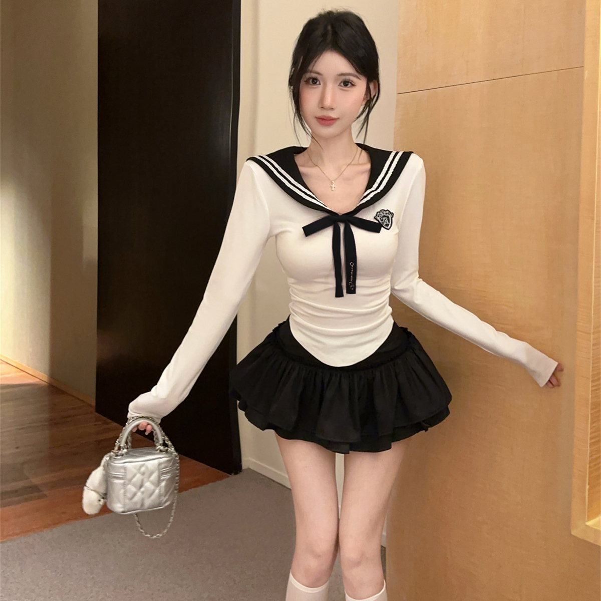 学院风辣妹制服JK套装女减龄海军领蝴蝶结上衣百搭蛋糕短裙两件套