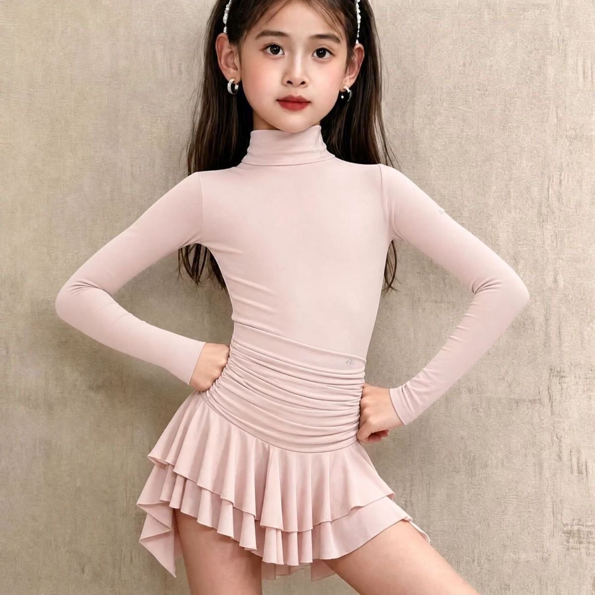 2026新款拉丁舞服女童春秋冬长袖网纱裙练功服粉色时尚套装比赛服