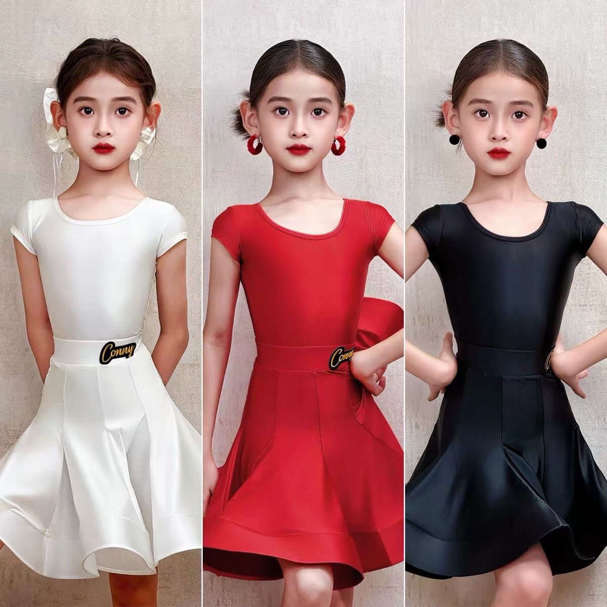 CONNY夏季拉丁舞服 女专业规定比赛服儿童表演鱼骨裙子红短袖套装
