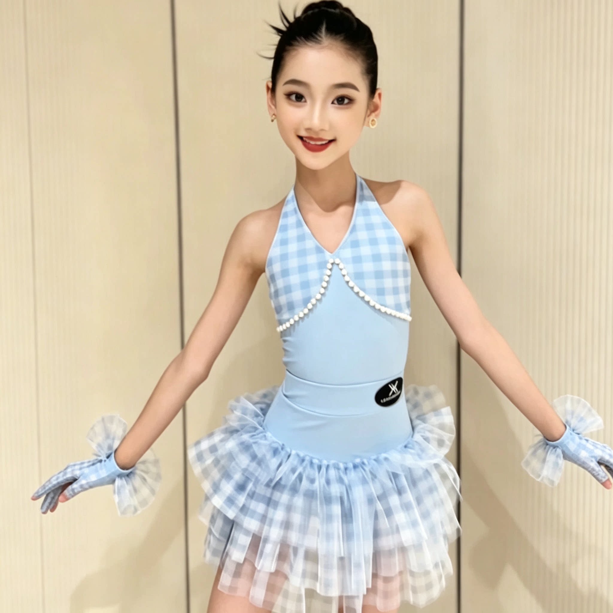 拉丁舞服女童夏挂脖蓬蓬裙练功服