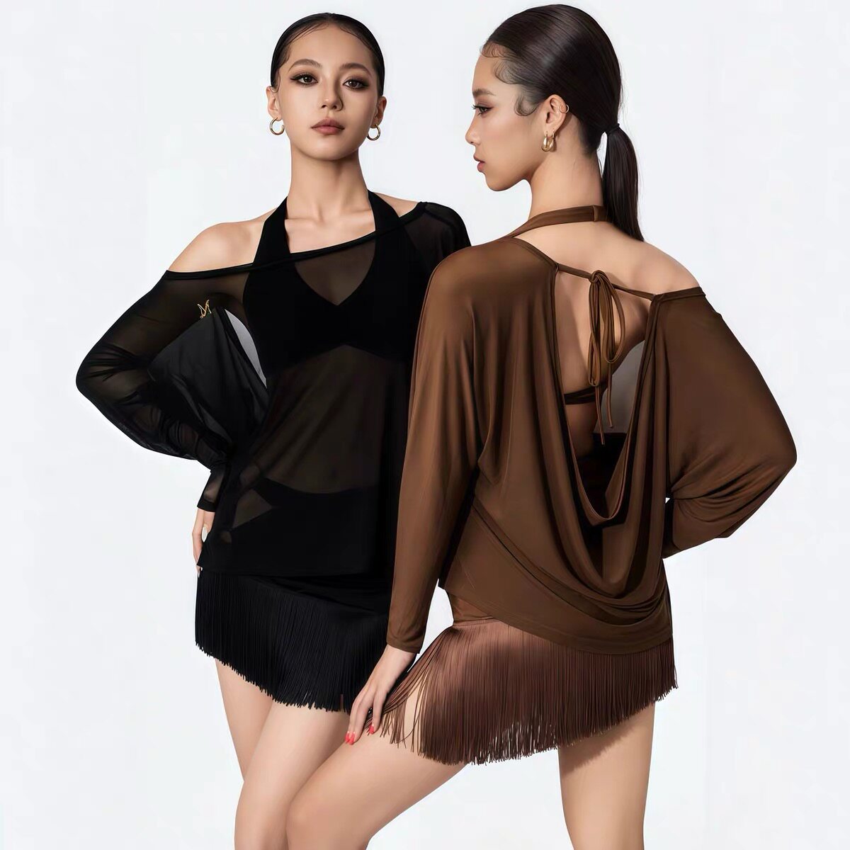 2026新款拉丁舞服成人女春秋冬长袖流苏裙练功黑色时尚套装比赛服