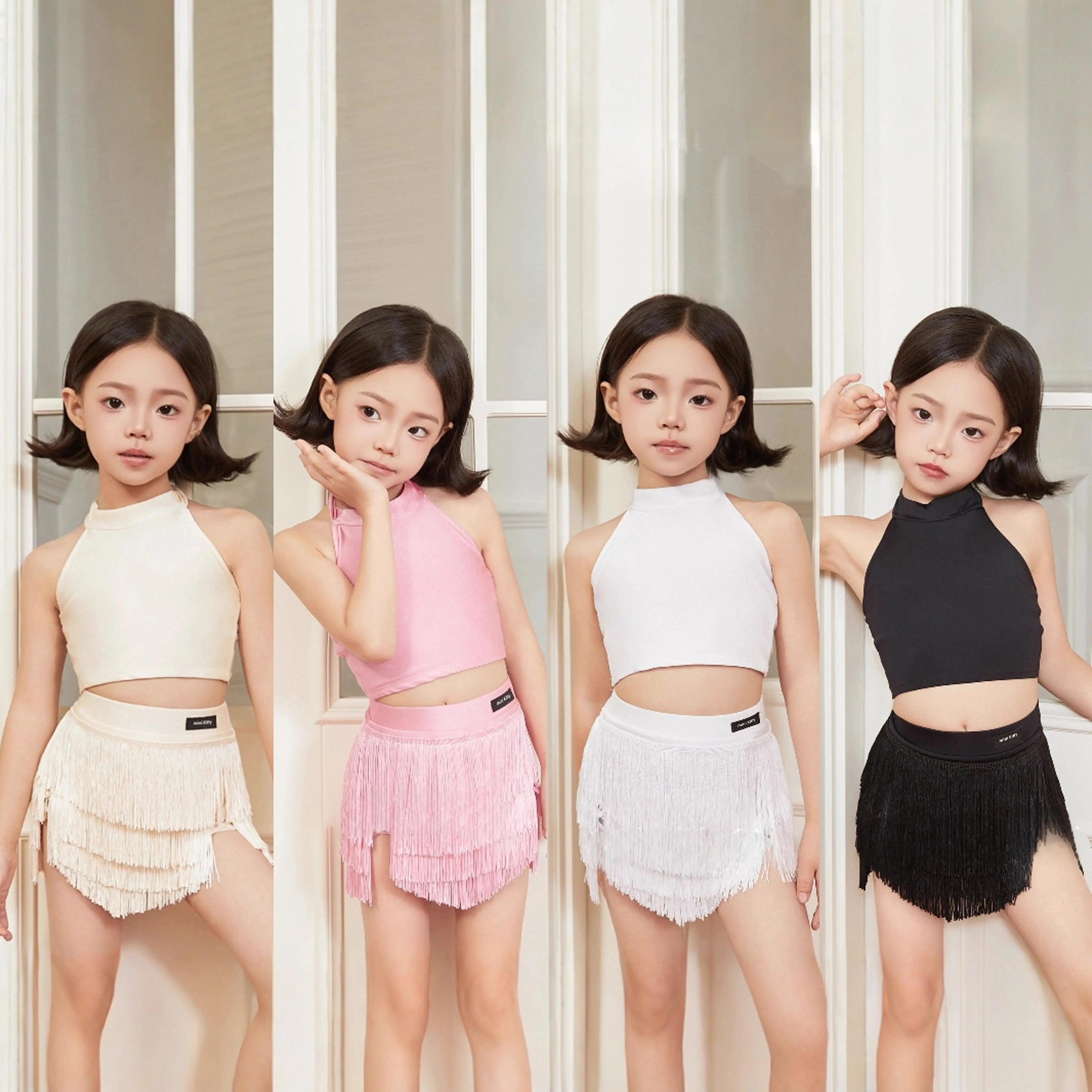 春夏季新款舞服女童拉丁舞服练功服系带上衣流苏半身裙套装演出服