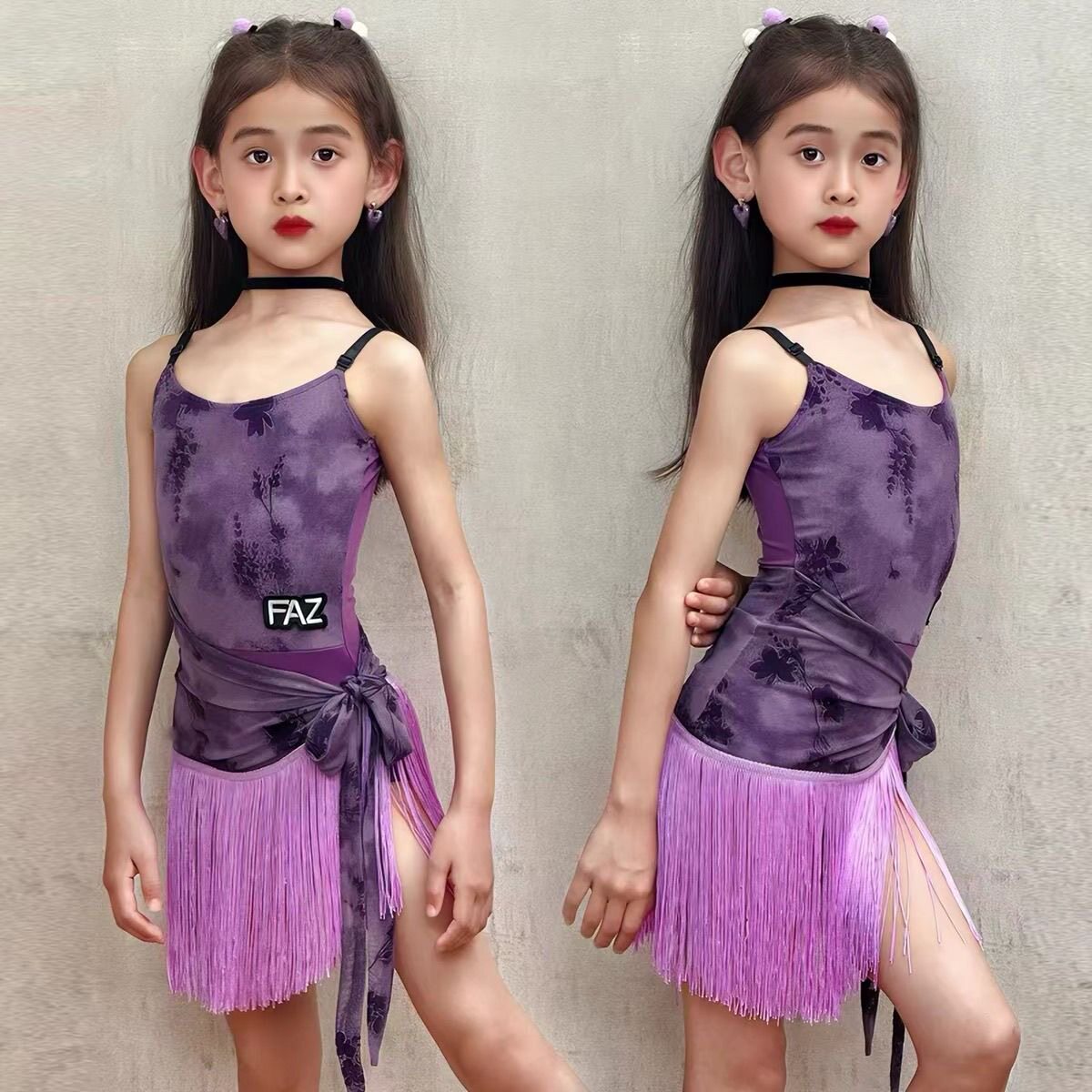2026新款拉丁舞服女童夏季吊带紫蓬蓬裙练功服紫色时尚套装比赛服