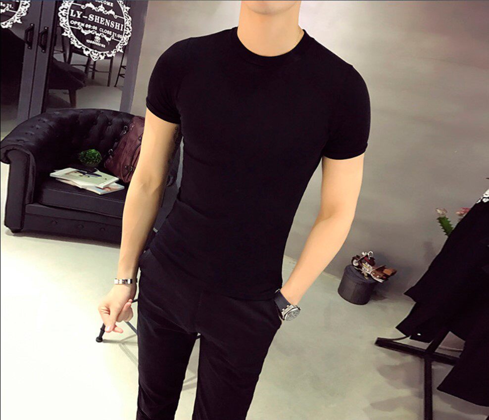 2025新品纯棉小半高领短袖t恤夏新款韩修身打底衫男立领紧身上衣