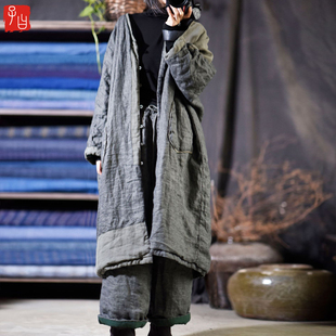 子曰水洗色织亚麻拼布薄棉服中长款棉衣冬复古文艺宽松棉袍夹棉外