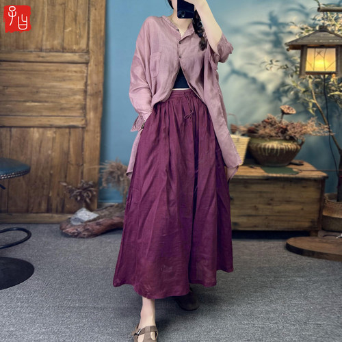 双层苎麻大摆裙长裙飘逸A字裙