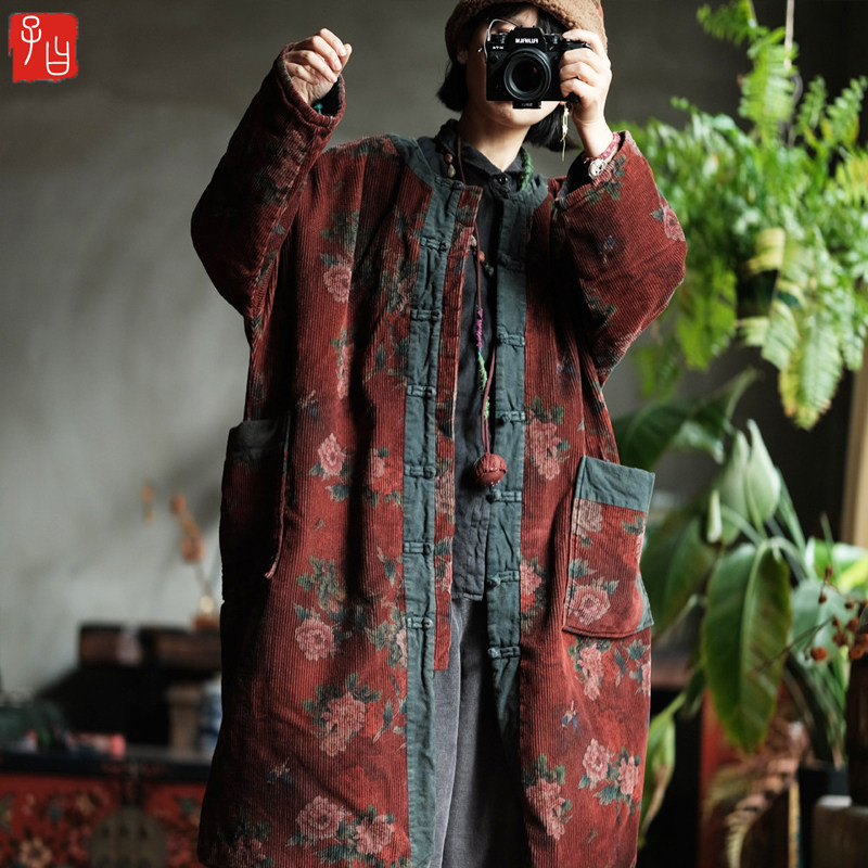 子曰文艺复古炒色做旧灯芯绒棉衣新中式对襟盘扣夹棉保暖风衣棉袍