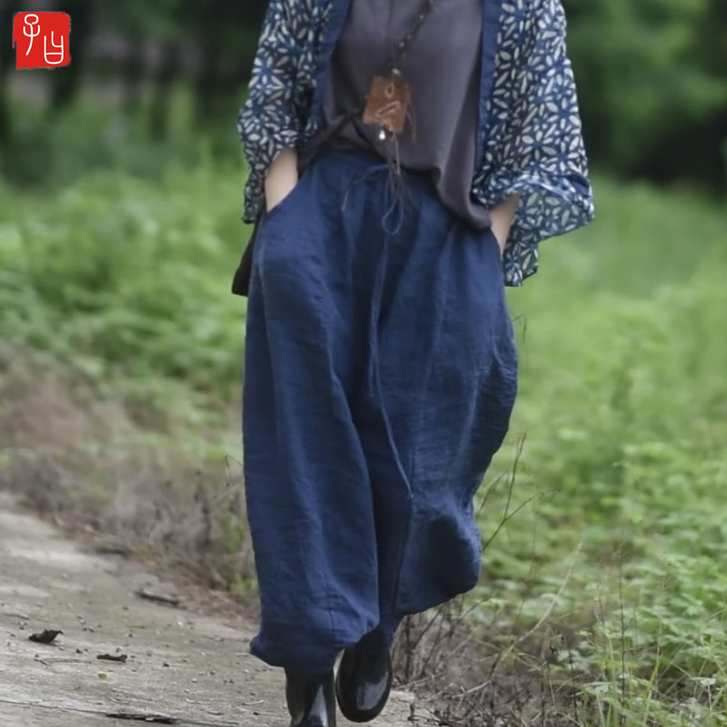 休闲宽松抽绳款亚麻阔腿八分裤