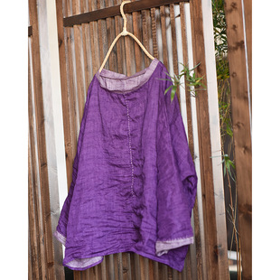 子曰高支炒色苎麻手工缝线上衣女文艺复古撞色一字领宽松套头衬衫