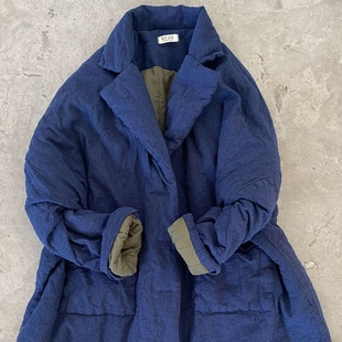 子曰原创文艺复古条纹西装领休闲棉麻棉服柔软舒适中长款保暖棉衣