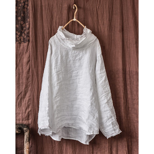 文艺百搭堆堆领毛边打底衫 砂洗亚麻手工缝线衬衫 女 款 子曰原创四季