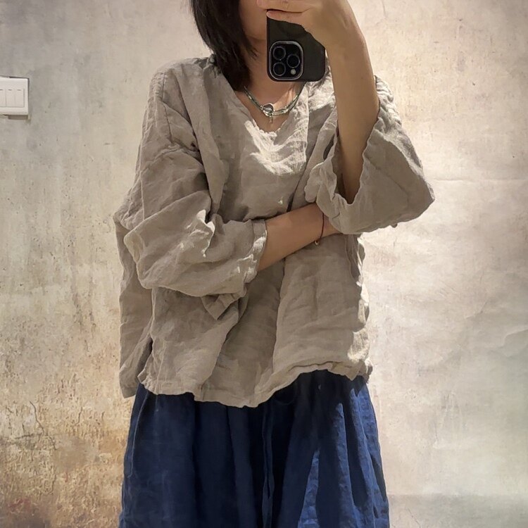 色织亚麻文艺复古系带套头小衫
