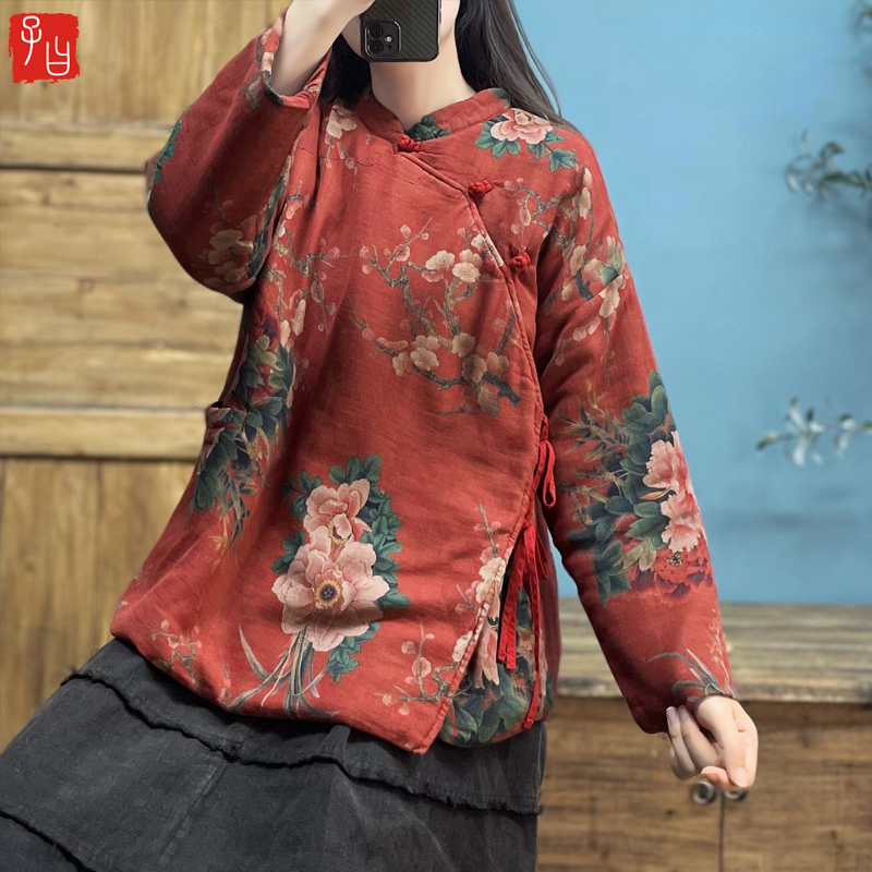 中式民族风印花系带棉衣夹棉复古