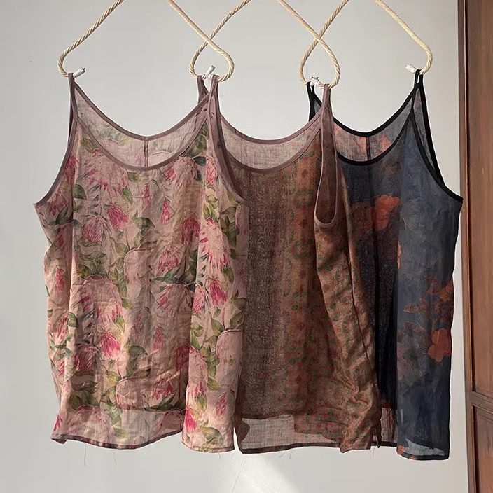 子曰原创文艺复古轻薄苎麻印花无袖上衣宽松透气外穿内搭吊带背心