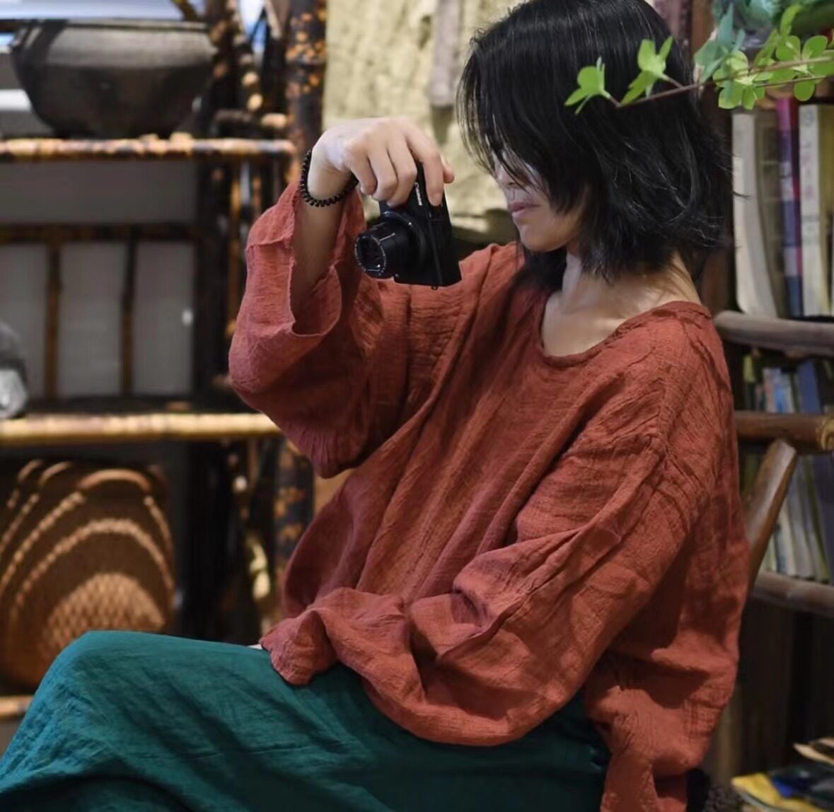 长袖肌理亚麻文艺复古宽松套头