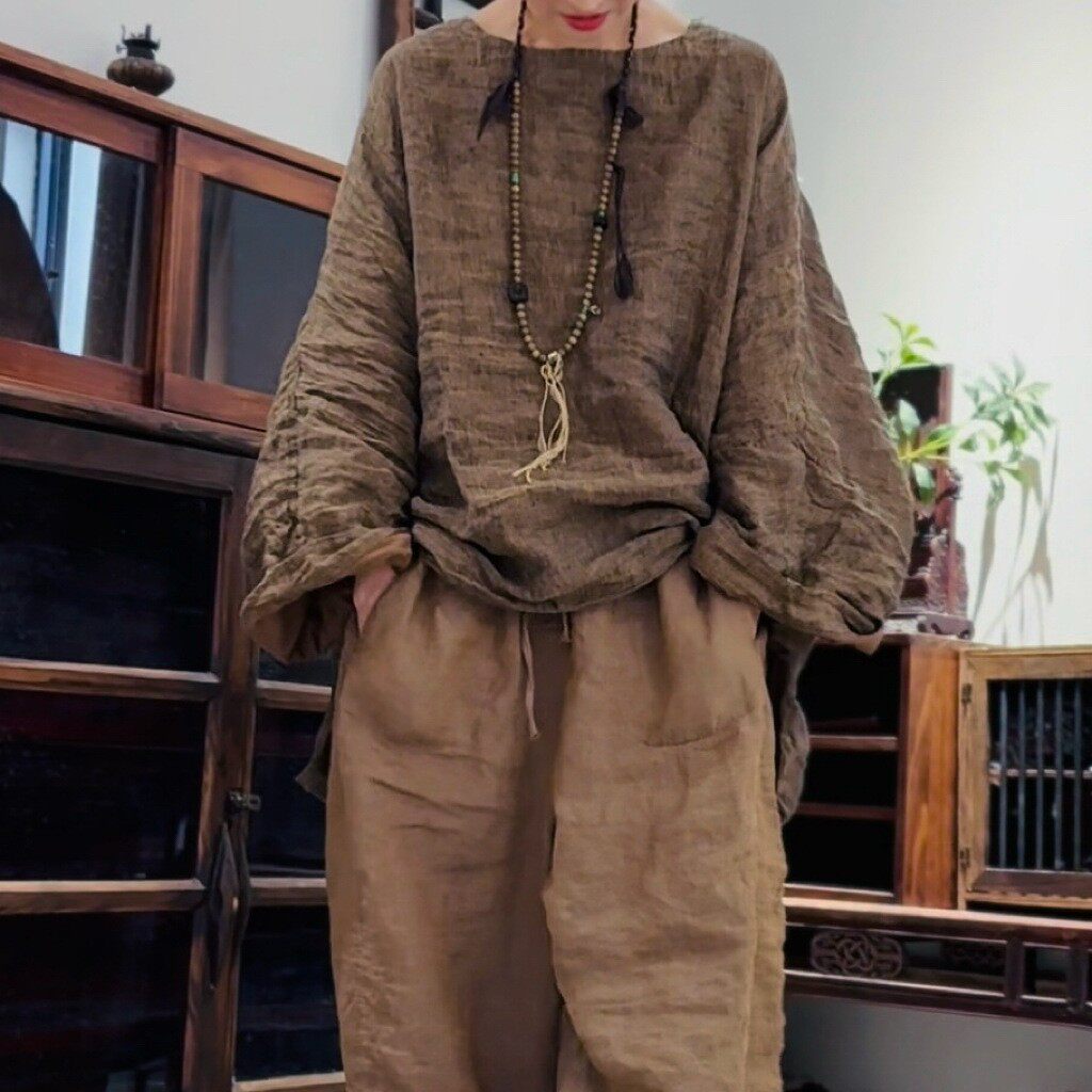 亚麻复古中长大版前短后长套头衫