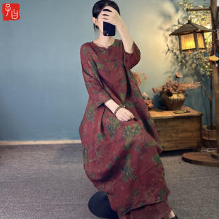 子曰民族风怀旧仿香云纱印花水洗亚麻花苞长裙复古宽松大版 连衣裙