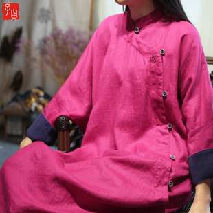 国风禅意纯亚麻宽大版显瘦袍子23春装中式立领斜襟长款刺绣连衣裙