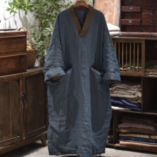 子曰原创复古风色织亚麻v领夹棉保暖连衣裙 文艺简约宽松长款棉袍