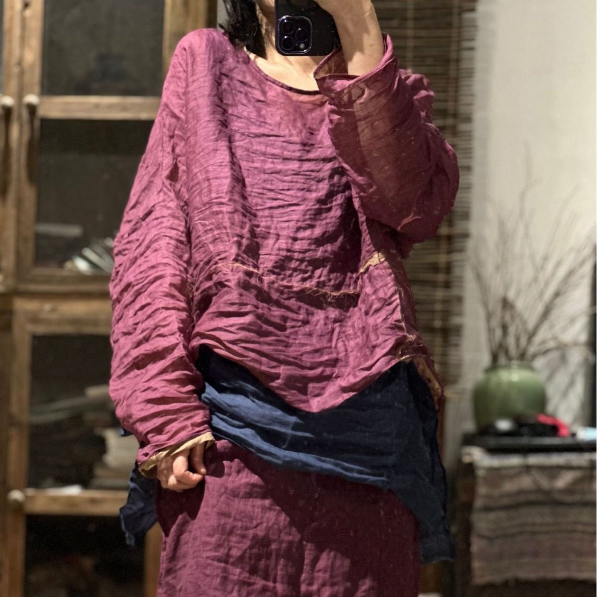 色织苎麻拼接套头小衫