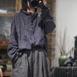 子曰原创春季新款复古色织亚麻条纹高领衬衫文艺百搭宽松长袖开衫