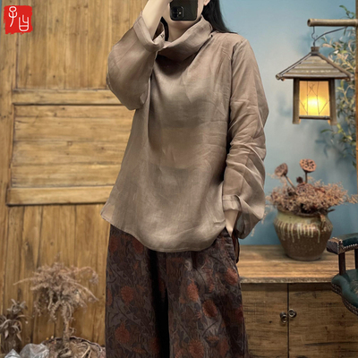 长袖薄款苎麻堆堆领高领