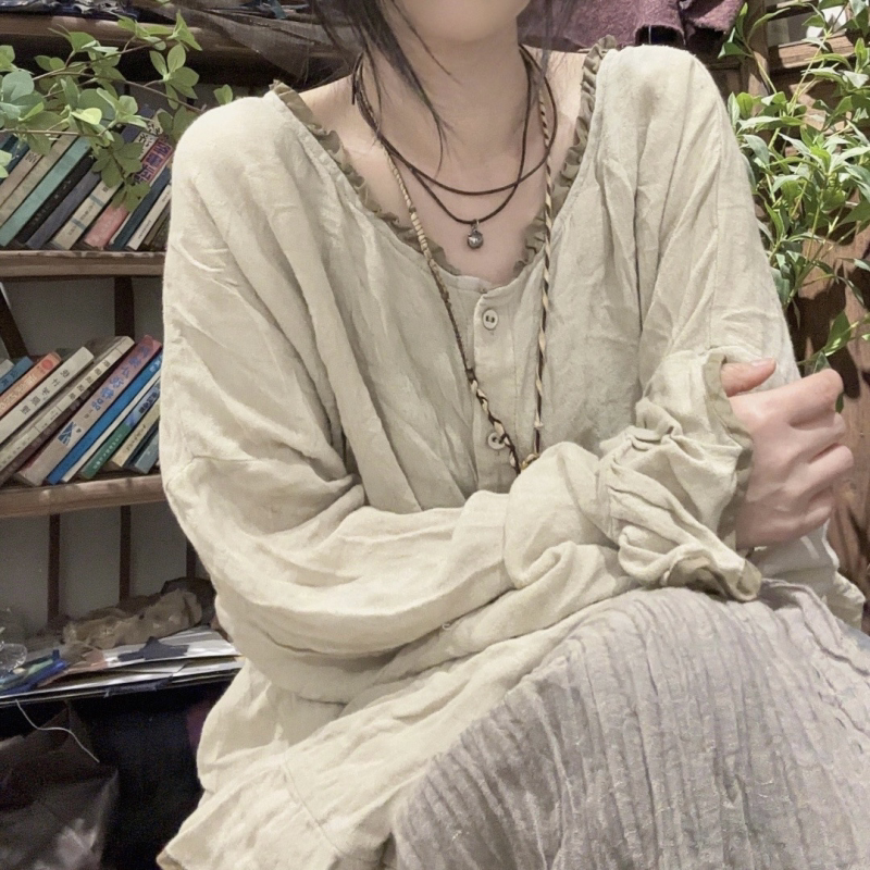 子曰原创复古熏色工艺炒旧棉麻撞色花边领上衣女文艺百搭开衫衬衫