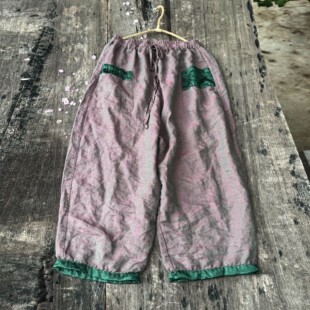 子曰原创高品质色织亚麻松紧腰阔腿裤 做旧撞色拼布手工缝线休闲裤