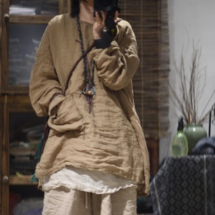 子曰原创文艺调调手工缝线套头中长款 亚麻上衣复古休闲宽松中长袍