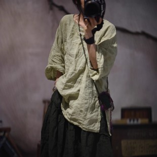 子曰原创新款 宽松前短后长开叉上衣 复古亚麻手工缝线套头中长衬衫