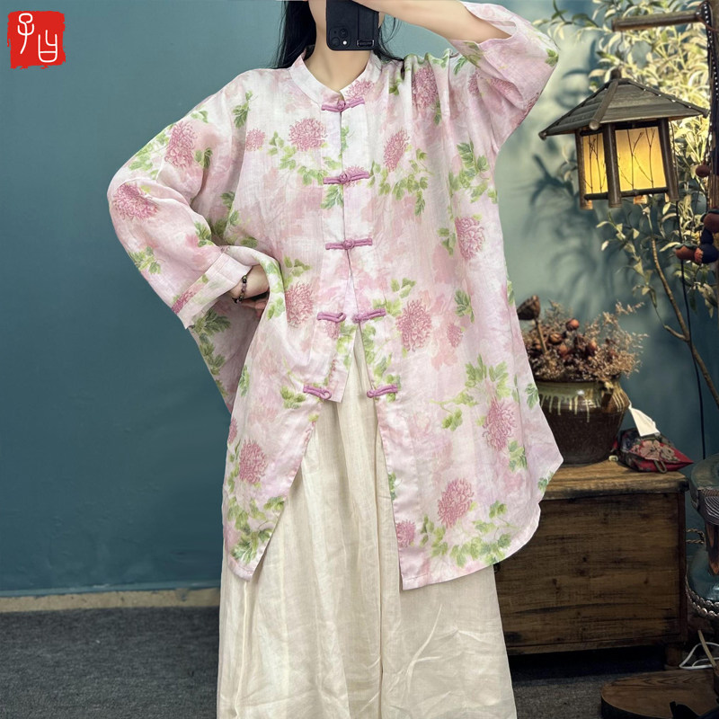 子曰中国风对襟盘扣飘逸茶服开衫民族风苎麻印花中长款防晒衫外套