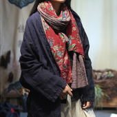 民族风大花撞色拼接百搭棉麻两用披肩23春复古国风长方巾大围巾