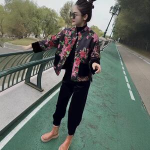 冬季新中式两面穿唐装棉服外套女时尚气质丝绒印花薄棉衣短款棉袄