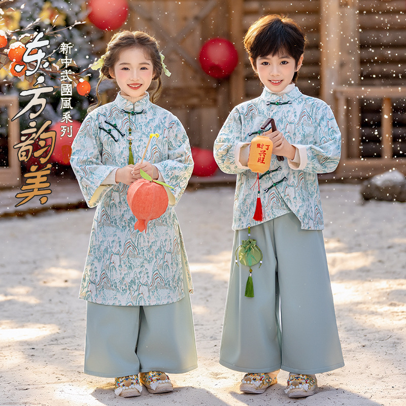 新中式儿童汉服秋冬装2025新款旗袍元旦演出服男女童加绒保暖套装