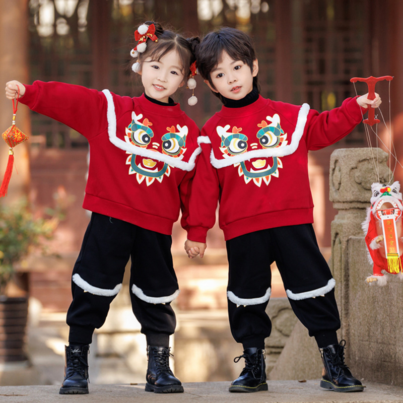 儿童拜年服加厚卫衣套装男女童冬季唐装宝宝过年服中国风两件套潮