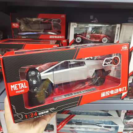 1:24合金赛博皮卡车模钥匙电动车门银色仿真汽车模型儿童玩具