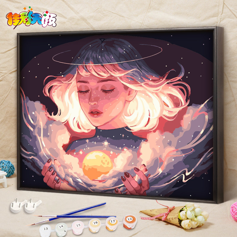 佳彩天颜 diy数字油画填充动漫客厅卧室手绘装饰品月亮少女油彩画