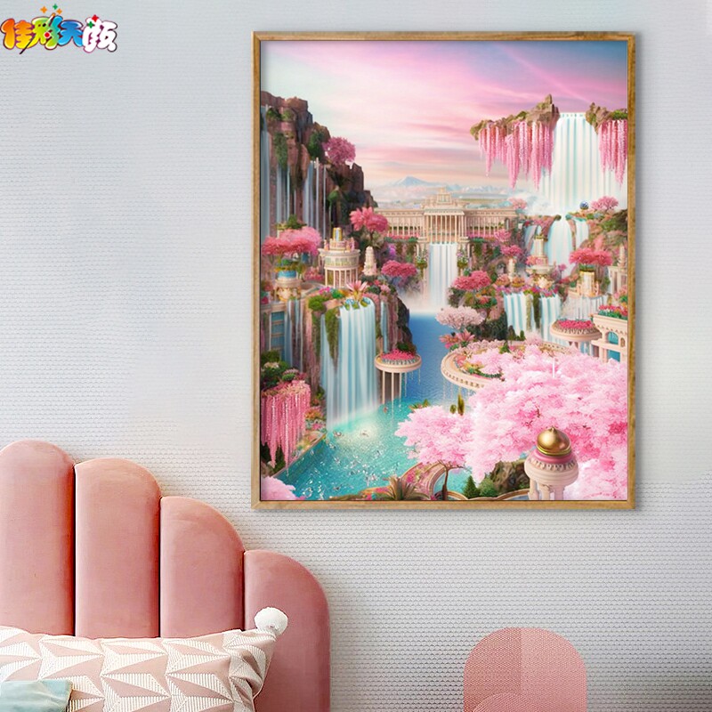佳彩天颜 数字油画diy手工手绘治愈解压油彩画彩虹瀑布城堡装饰画
