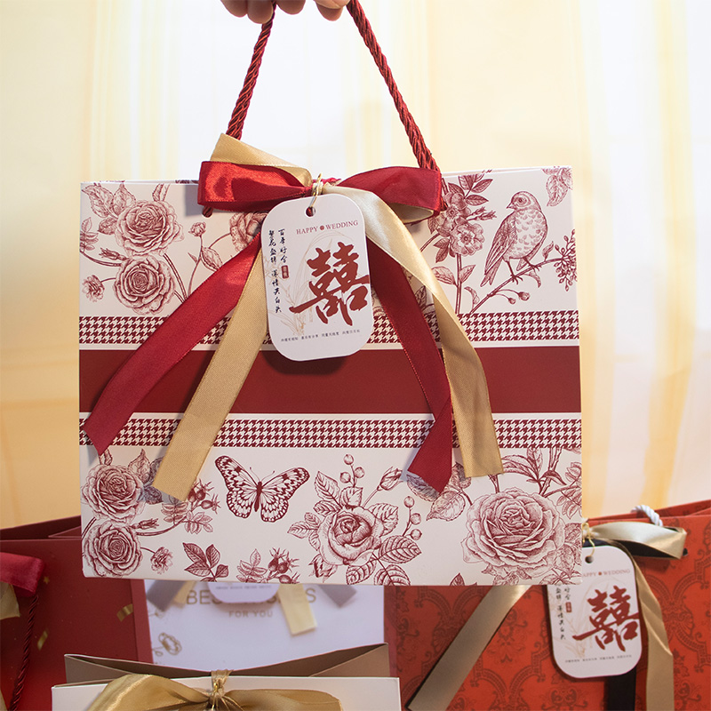 新款红色结婚礼品袋高级感喜糖伴手礼蝴蝶结生日礼物包装袋大小号